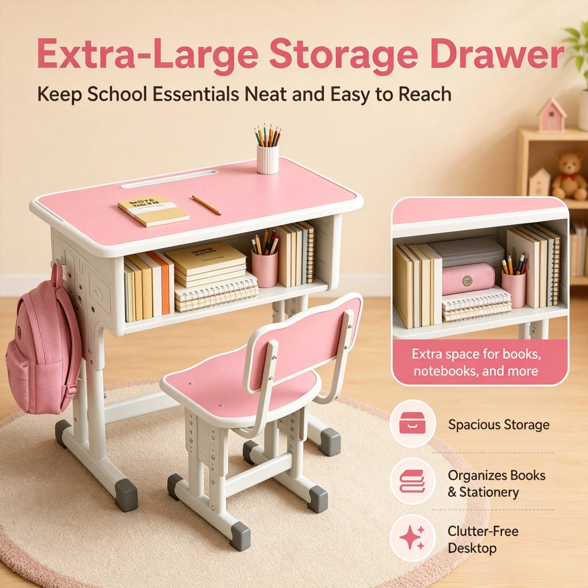 Height Adjustable Children Study Desk Chair Set Ergonomic Posture Kids Student Table Ages 3-18