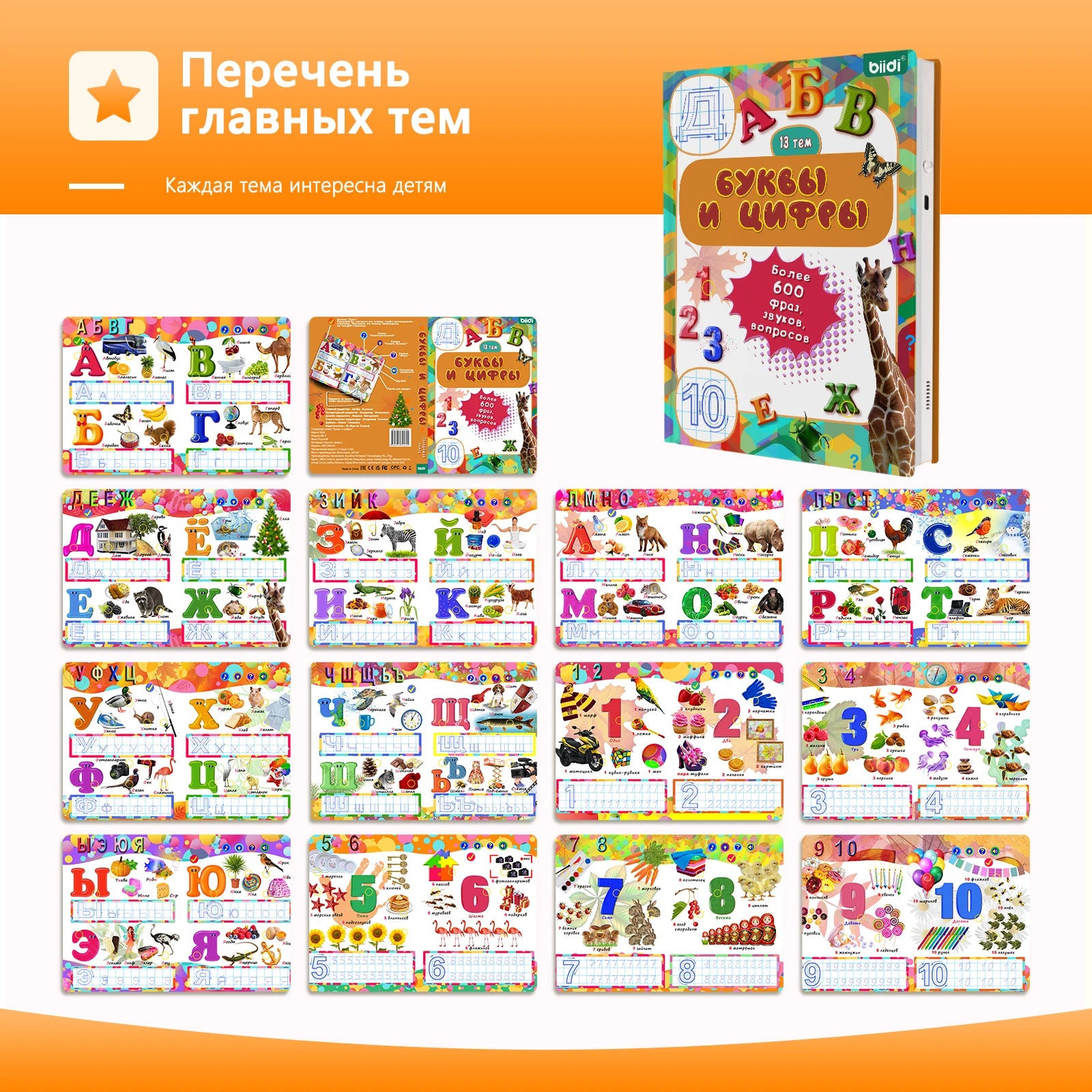 Biidi Alphabet And Numbers Electronic Sound Book With Pen Painting For Kids Learning Russian Language Vocabulary Words Pronounce