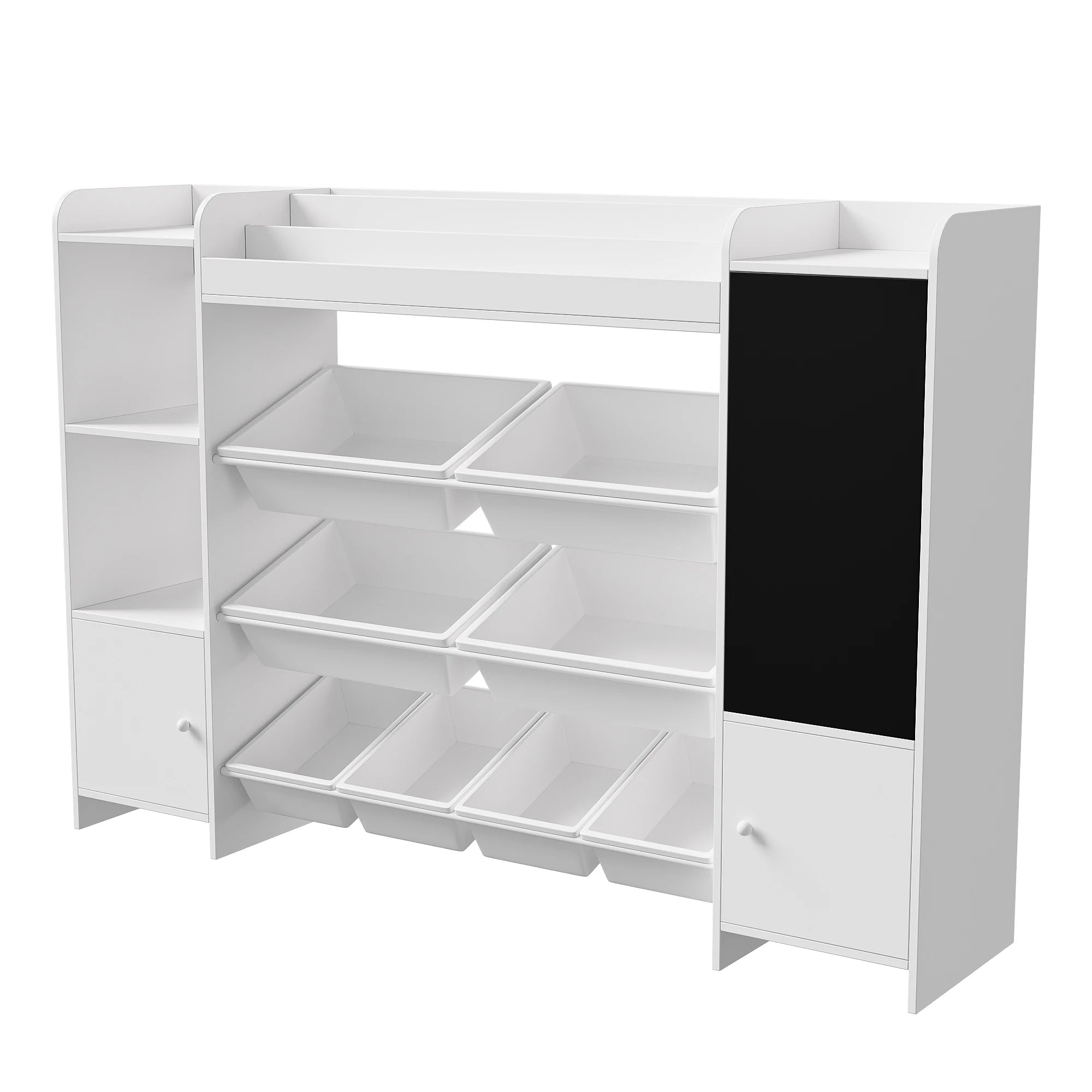 Comanlai White Children's Bookshelf, Freestanding Kids Bookcase with Blackboard, 2 Doors and 8 Storage Baskets, Wooden Book Display Rack for Living Room, Playroom, Bedroom Storage Organizer, 94.5x137x30cm