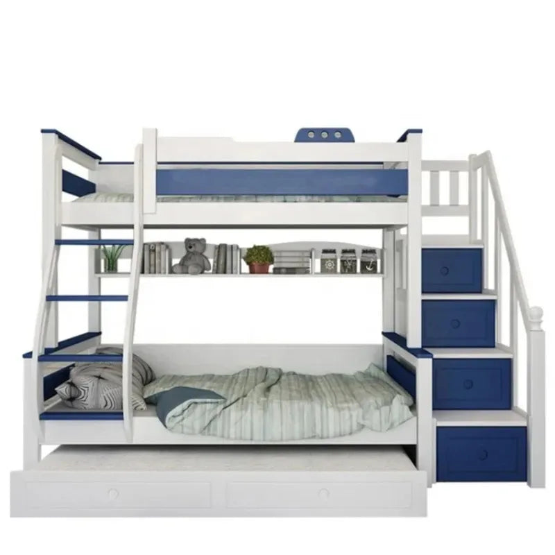 Kids Bedroom Furniture Wooden Bunk Bed Multifunctional Combination Children Beds Blue White Slide Bed for Boy