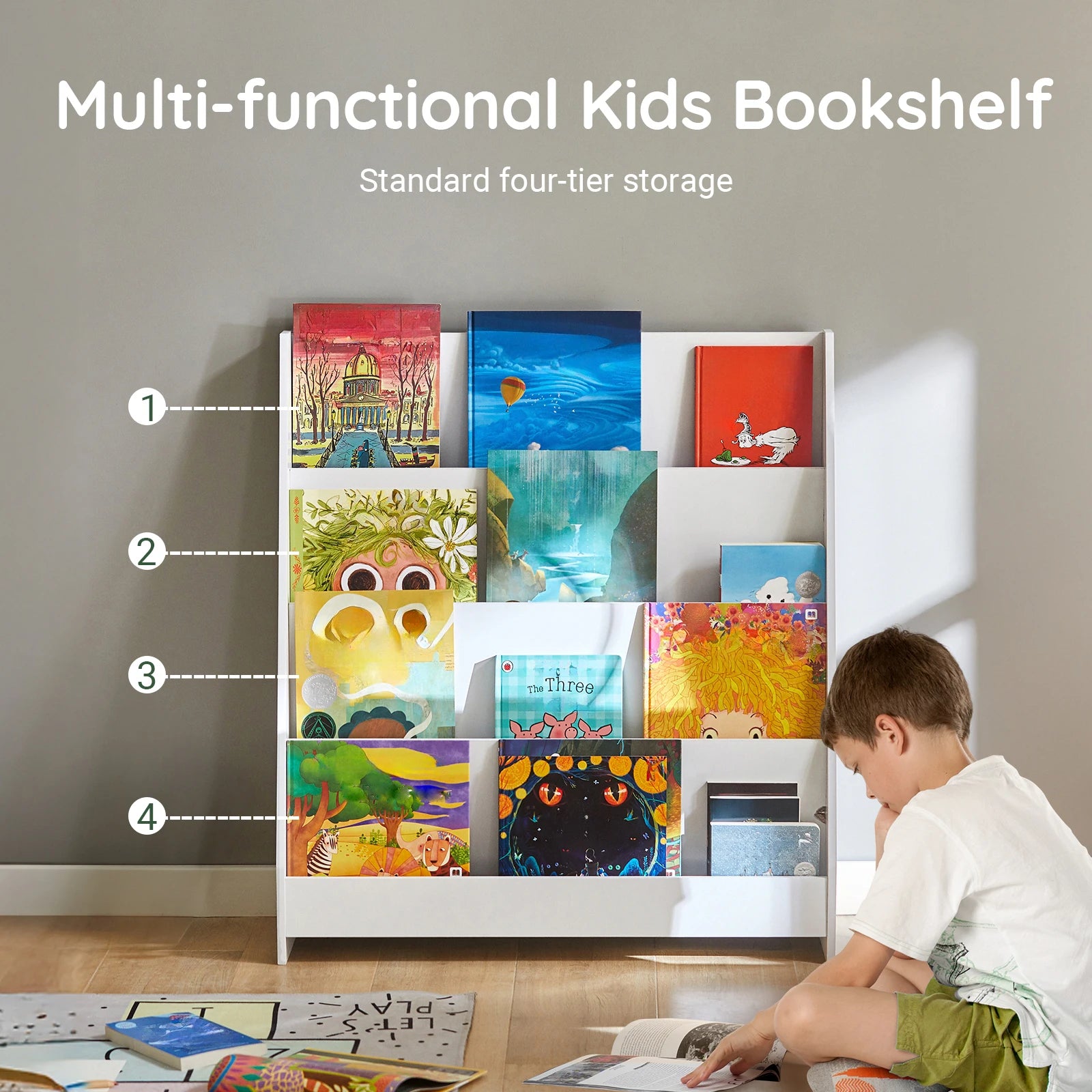 SoBuy KMB32 Children's Bookshelf Children's Shelf Newspaper stand with 4 Shelves storage Shelf for Children White
