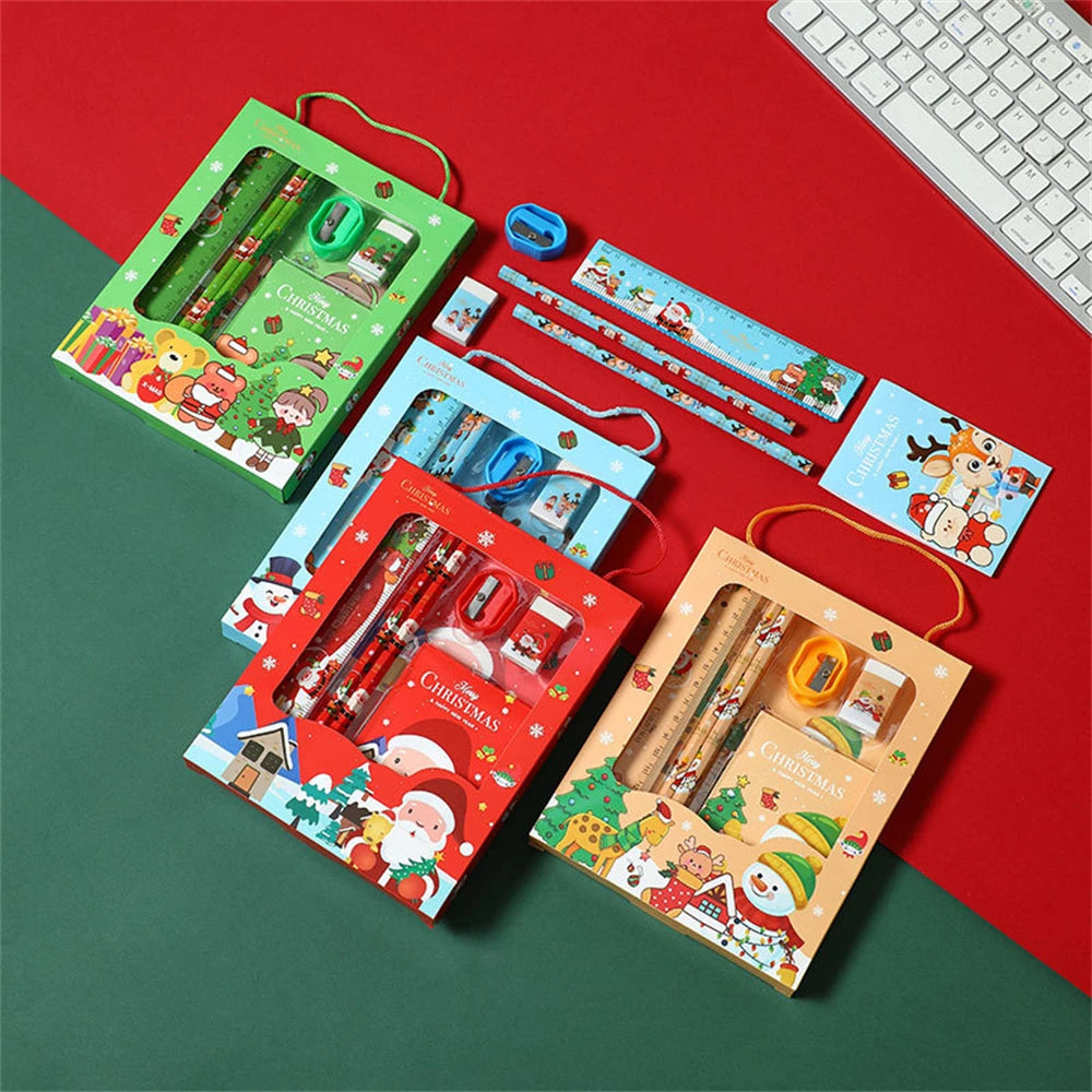 6pcs Christmas Stationery Set Kids Cartoon Pencils Eraser Ruler Memo Pads Pencil Knife Set School Supplies Back To School Gifts