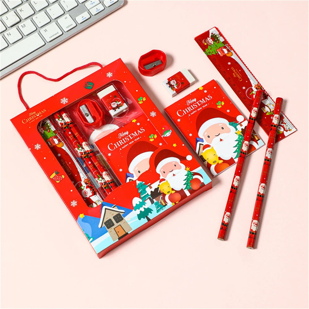 6pcs Christmas Stationery Set Kids Cartoon Pencils Eraser Ruler Memo Pads Pencil Knife Set School Supplies Back To School Gifts