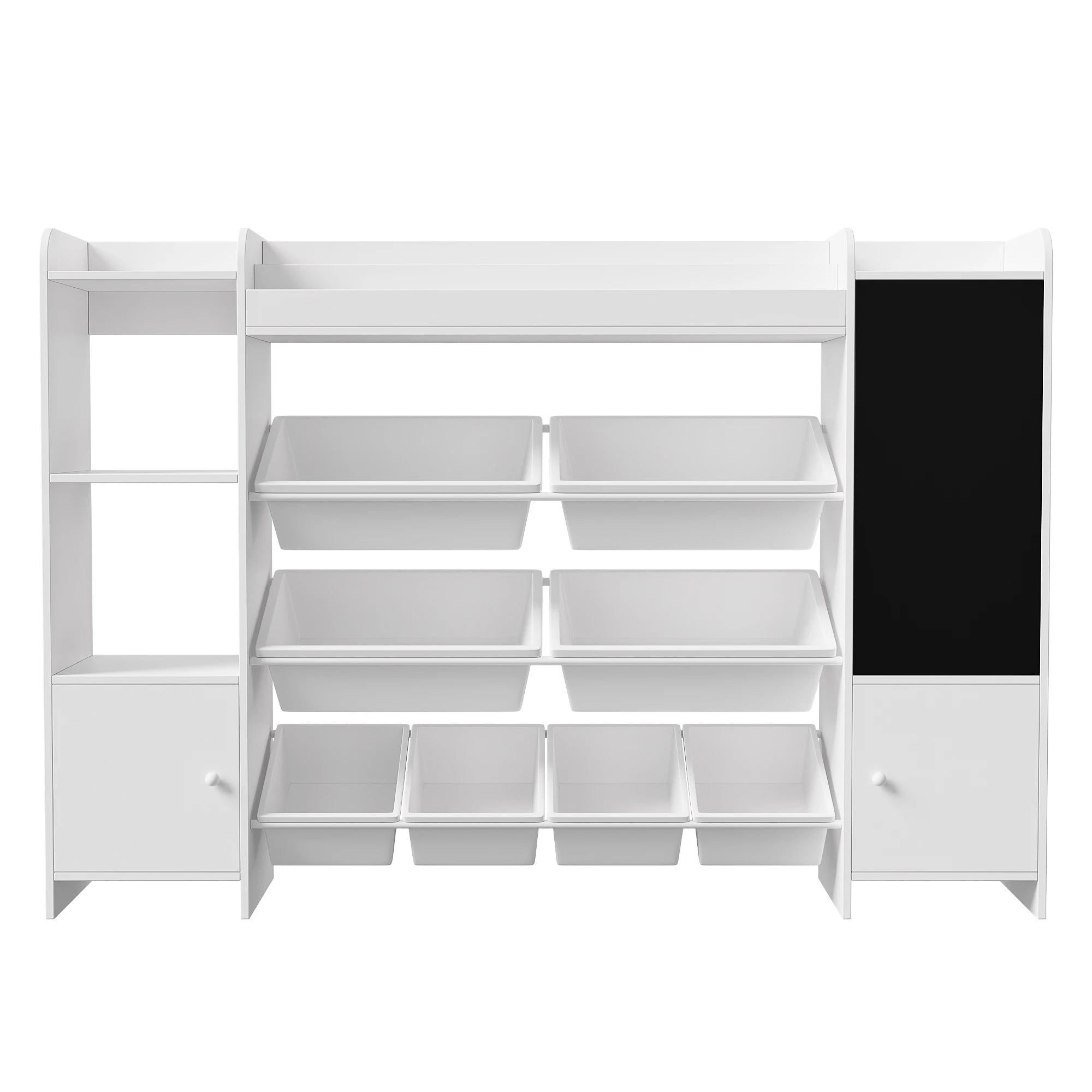 Comanlai White Children's Bookshelf, Freestanding Kids Bookcase with Blackboard, 2 Doors and 8 Storage Baskets, Wooden Book Display Rack for Living Room, Playroom, Bedroom Storage Organizer, 94.5x137x30cm