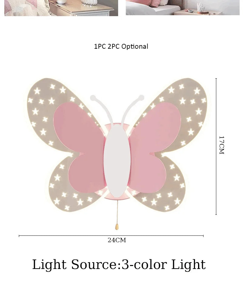 Butterfly LED Wall Lamp Tricolor Adjustment Pull Switch Children Room Wall Light Creative Living Room Bedside Home Ddecor Lamps