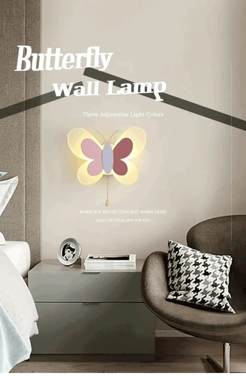 Butterfly LED Wall Lamp Tricolor Adjustment Pull Switch Children Room Wall Light Creative Living Room Bedside Home Ddecor Lamps