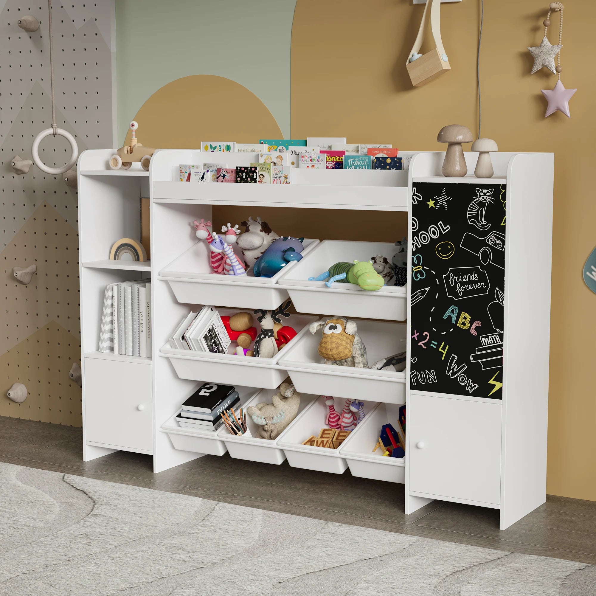 Comanlai White Children's Bookshelf, Freestanding Kids Bookcase with Blackboard, 2 Doors and 8 Storage Baskets, Wooden Book Display Rack for Living Room, Playroom, Bedroom Storage Organizer, 94.5x137x30cm