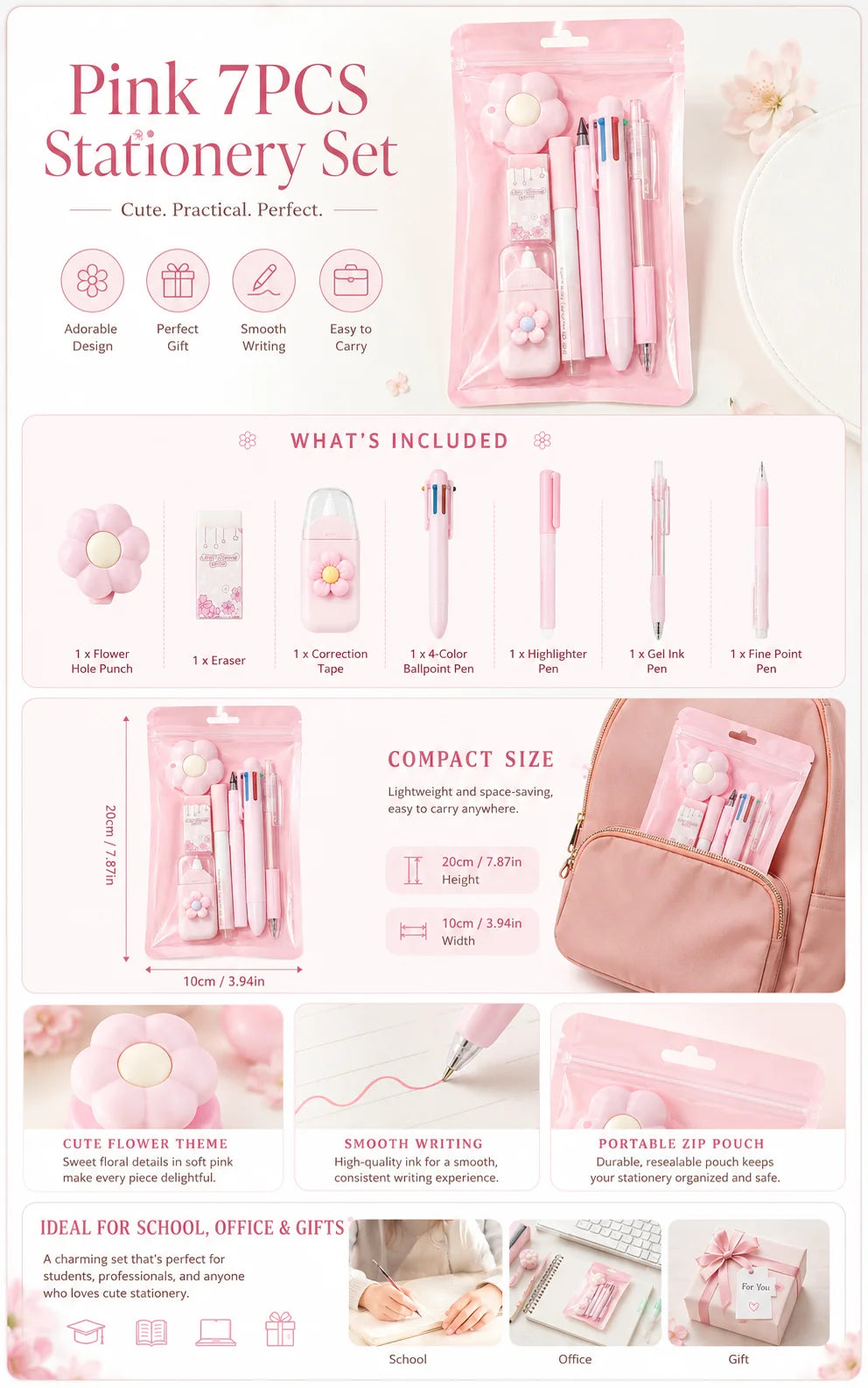 Kawaii Stationery Set 7pcs Cute School Gift Pack for Girls Teens