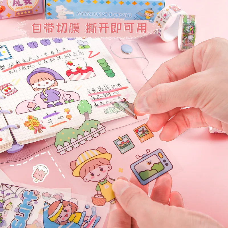 Kawaii Stationery Gift Set, PET Decorative Tape & Cute Stickers, DIY Journal Craft Supplies for Students & Scrapbook Lovers