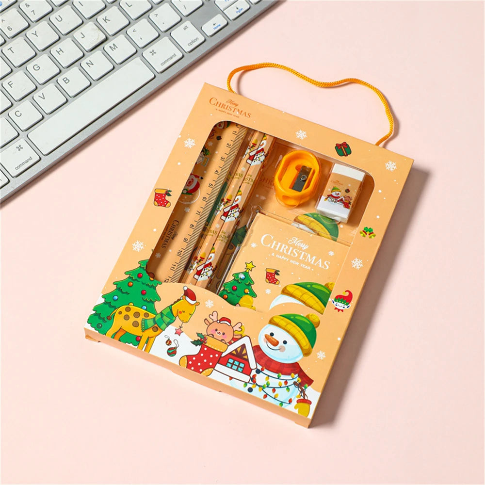 6pcs Christmas Stationery Set Kids Cartoon Pencils Eraser Ruler Memo Pads Pencil Knife Set School Supplies Back To School Gifts
