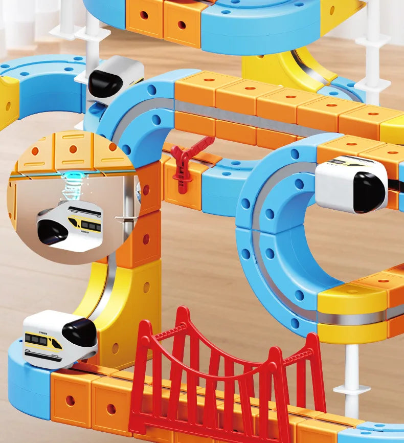 Magnetic Train Set DIY 3D Cube Track Electric Train Set for Kids Flexible Magnet Track Car Toy Stem Learning Building Cube Gift