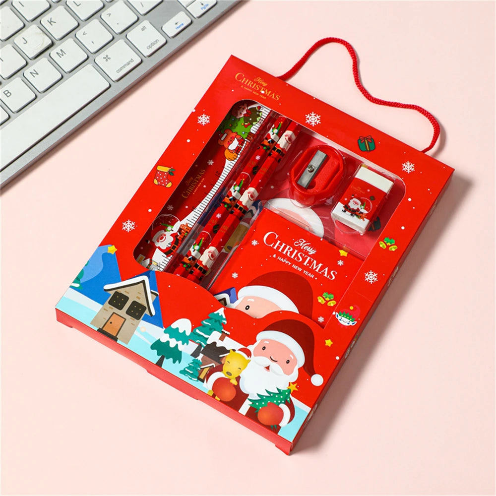 6pcs Christmas Stationery Set Kids Cartoon Pencils Eraser Ruler Memo Pads Pencil Knife Set School Supplies Back To School Gifts
