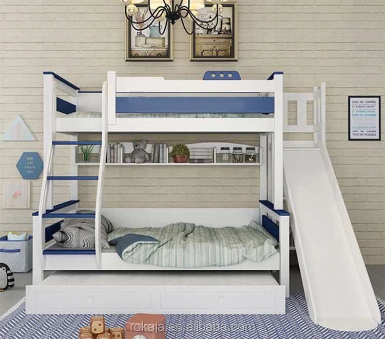 Kids Bedroom Furniture Wooden Bunk Bed Multifunctional Combination Children Beds Blue White Slide Bed for Boy