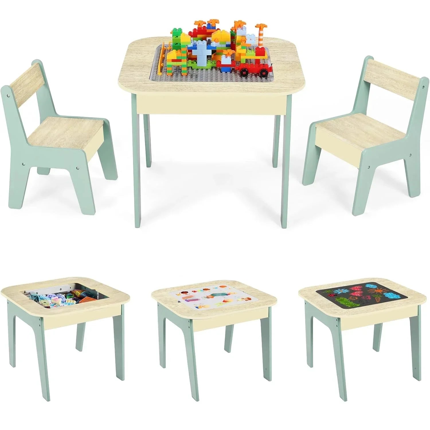 Wooden 2 in 1 Building Block Tabletop,Children's Activity Table and 2 Chairs with Storage for Arts, Crafts, Reading, Preschool