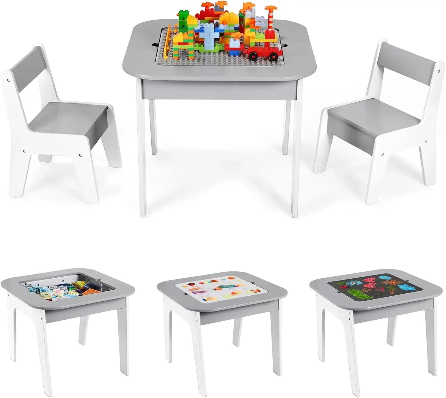 Wooden 2 in 1 Building Block Tabletop,Children's Activity Table and 2 Chairs with Storage for Arts, Crafts, Reading, Preschool