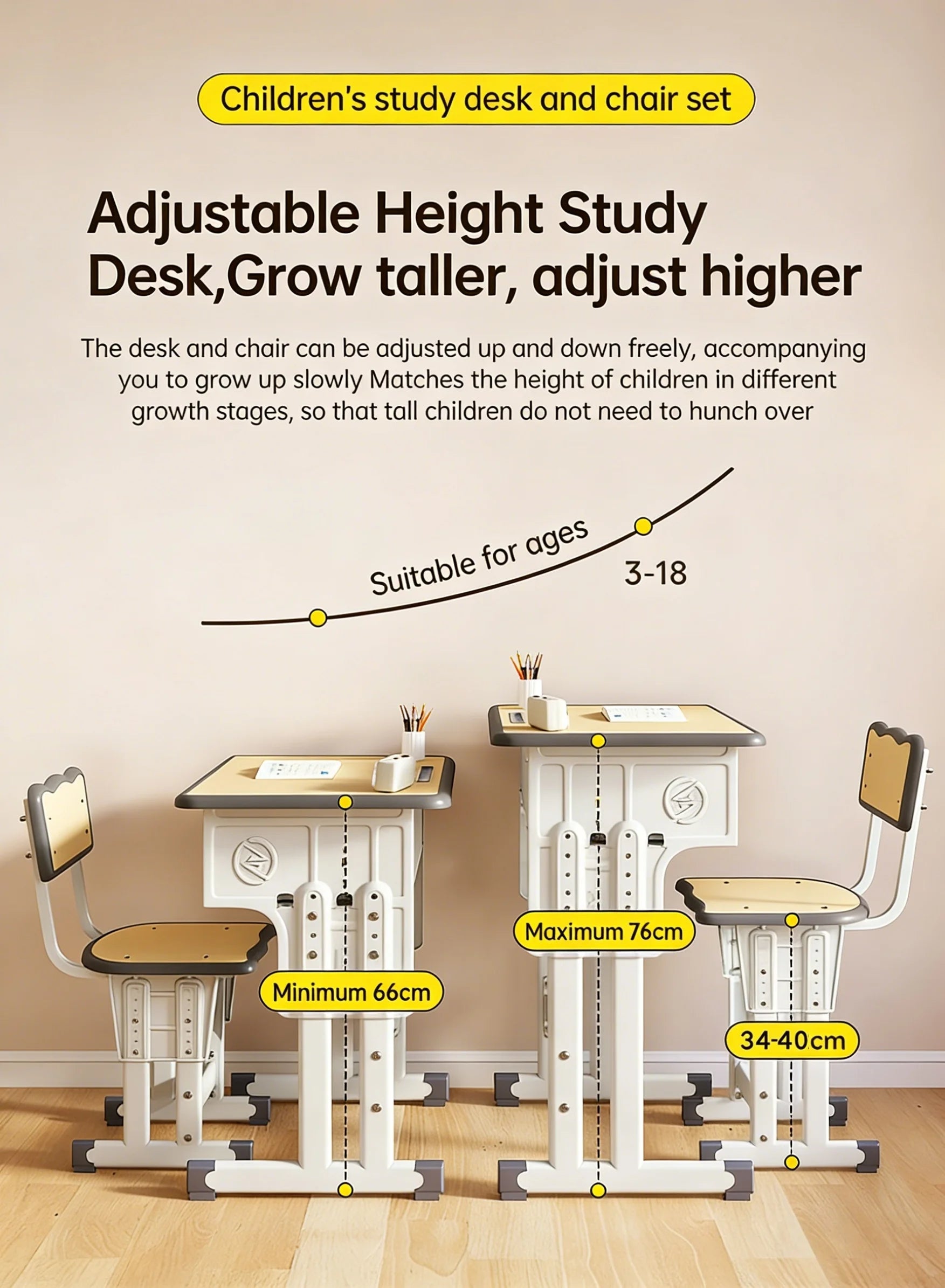 Height Adjustable Children Study Desk Chair Set Ergonomic Posture Kids Student Table Ages 3-18