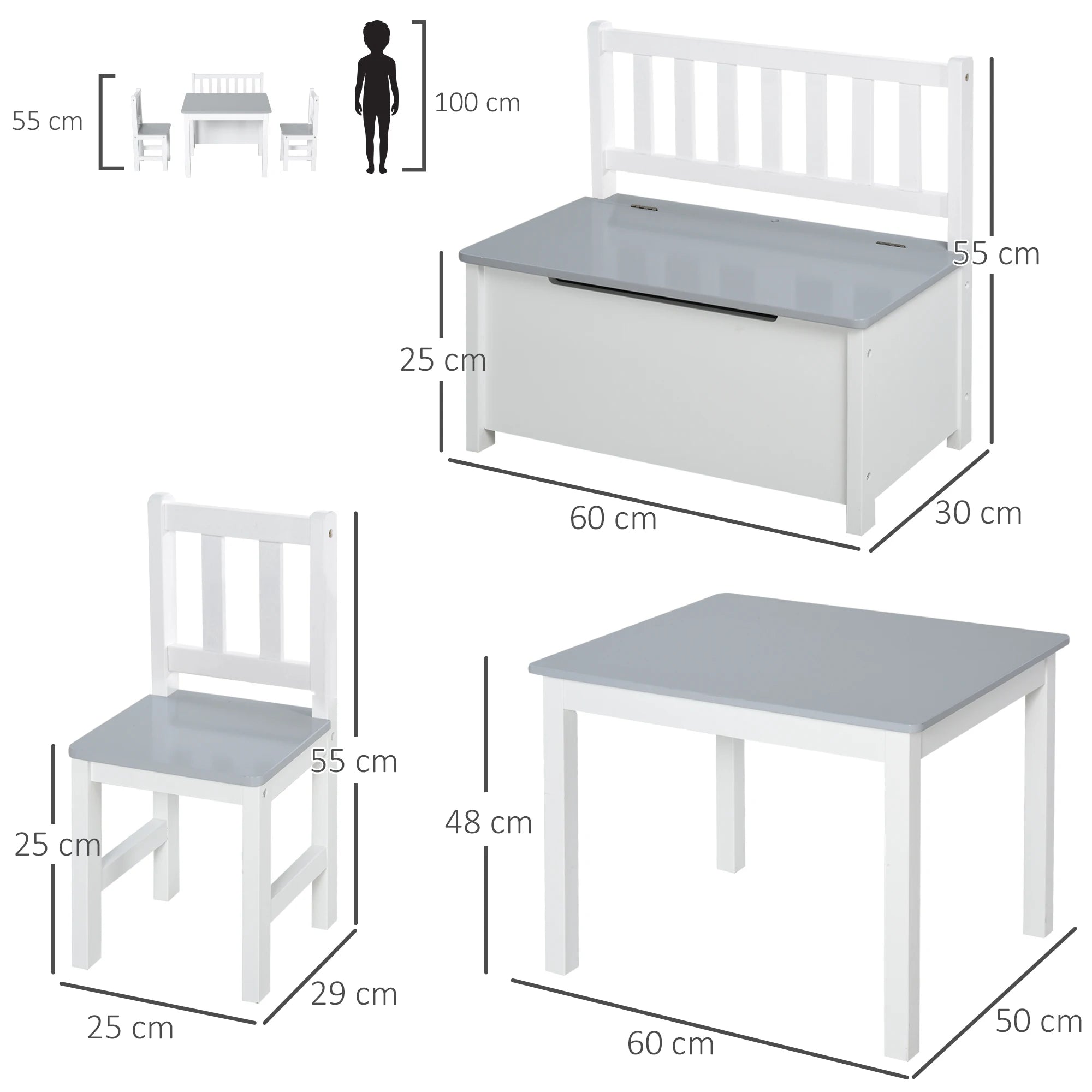 HOMCOM HOMCOM Children’s table and chairs set-4-piece set-table, 2 chairs, 2-in-1 chest bench-white pine MDF gray