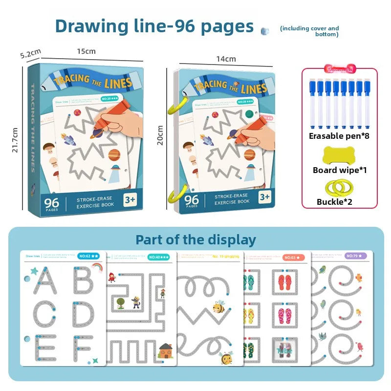 Reusable Magic Tracking Workbook with Pen & Eraser Educational Drawing and Pen Control Training Fun Animal & Number Activities