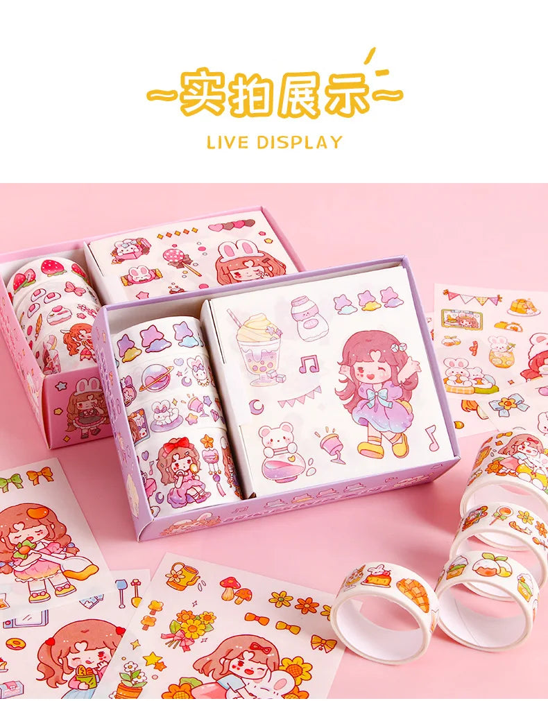 Kawaii Stationery Gift Set, PET Decorative Tape & Cute Stickers, DIY Journal Craft Supplies for Students & Scrapbook Lovers
