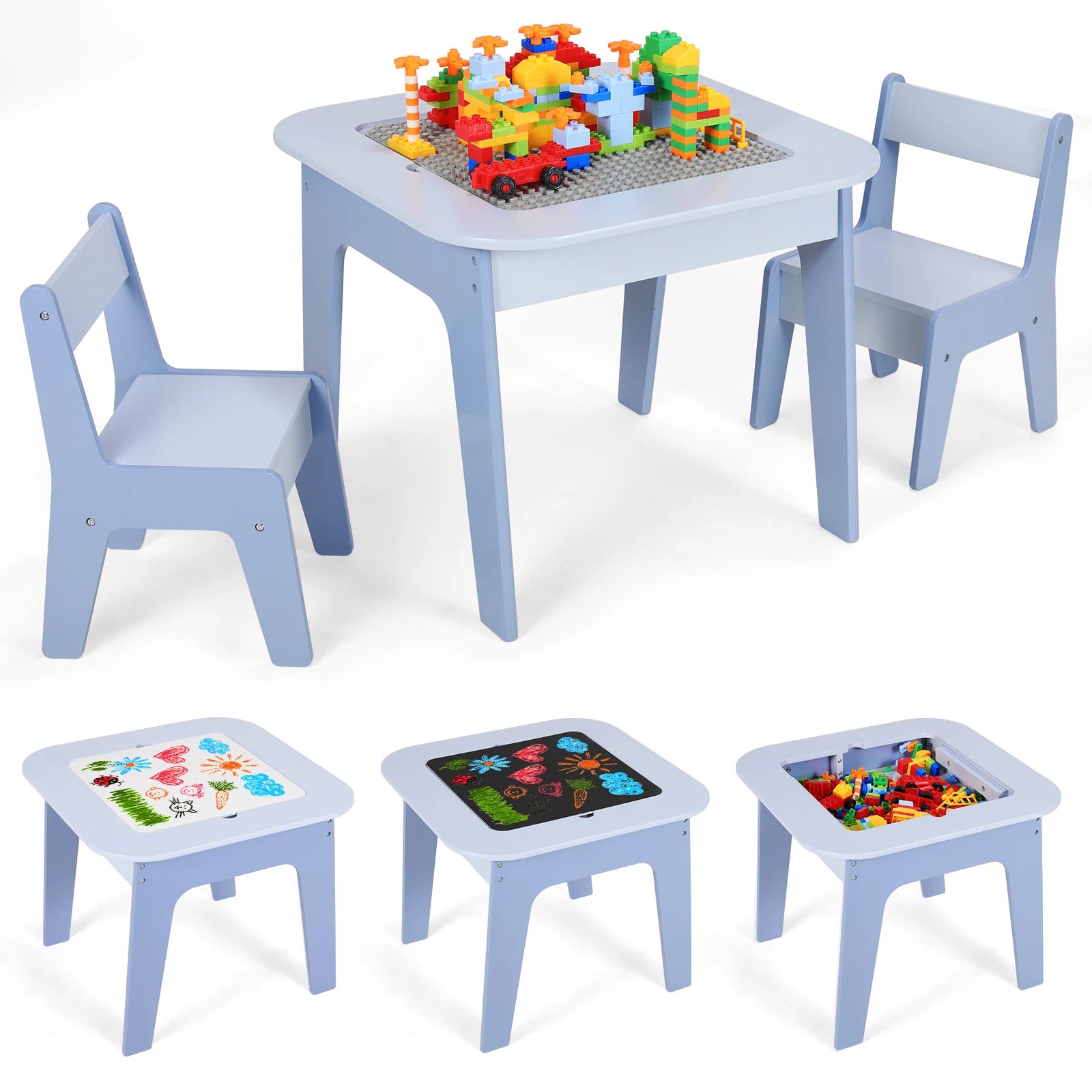 Wooden 2 in 1 Building Block Tabletop,Children's Activity Table and 2 Chairs with Storage for Arts, Crafts, Reading, Preschool