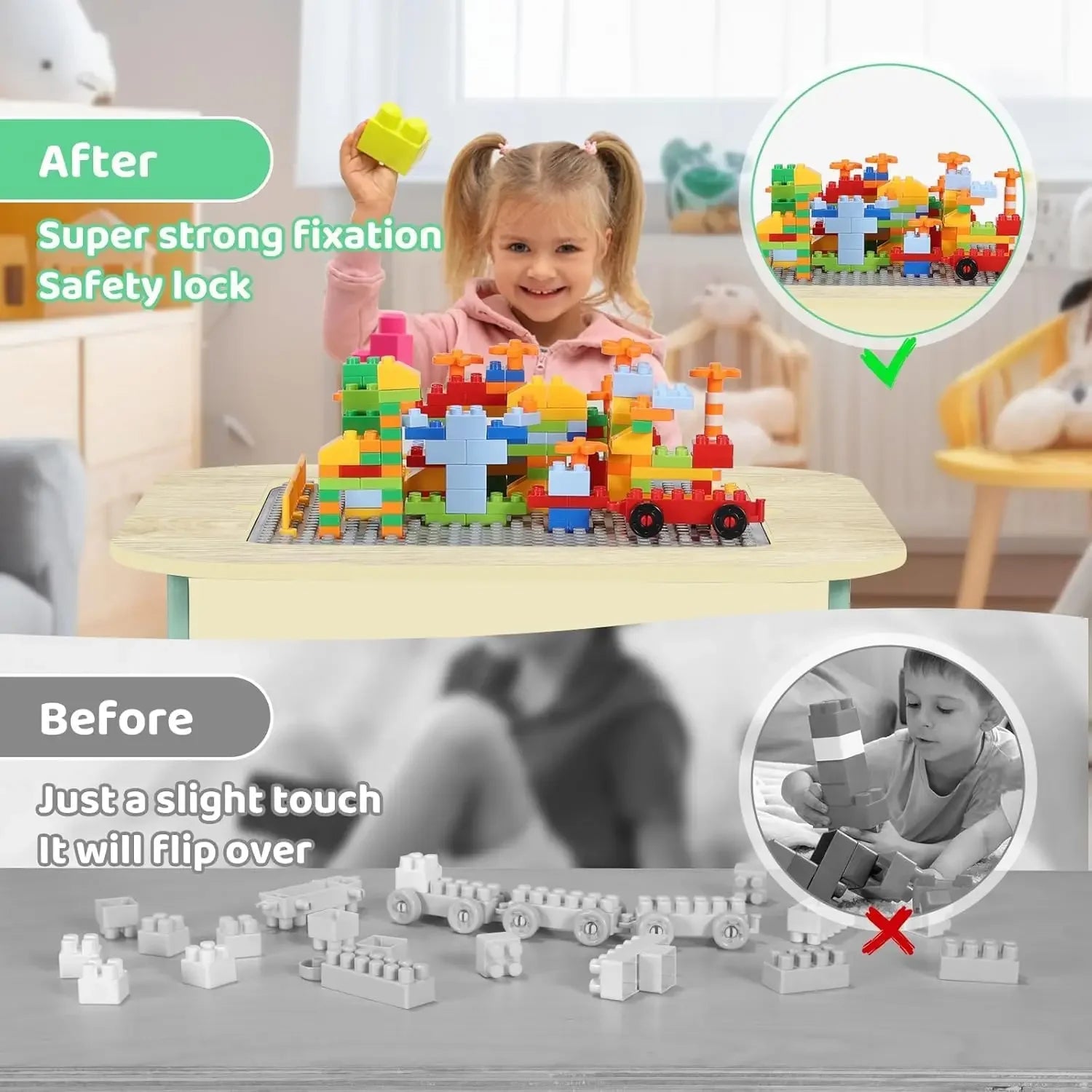 Wooden 2 in 1 Building Block Tabletop,Children's Activity Table and 2 Chairs with Storage for Arts, Crafts, Reading, Preschool
