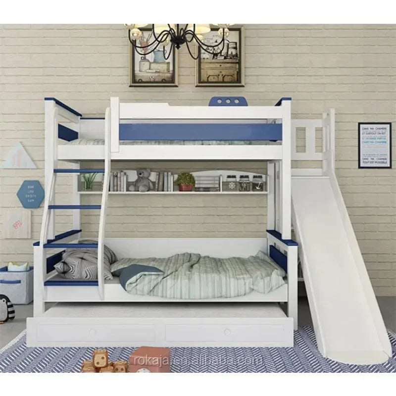 Kids Bedroom Furniture Wooden Bunk Bed Multifunctional Combination Children Beds Blue White Slide Bed for Boy