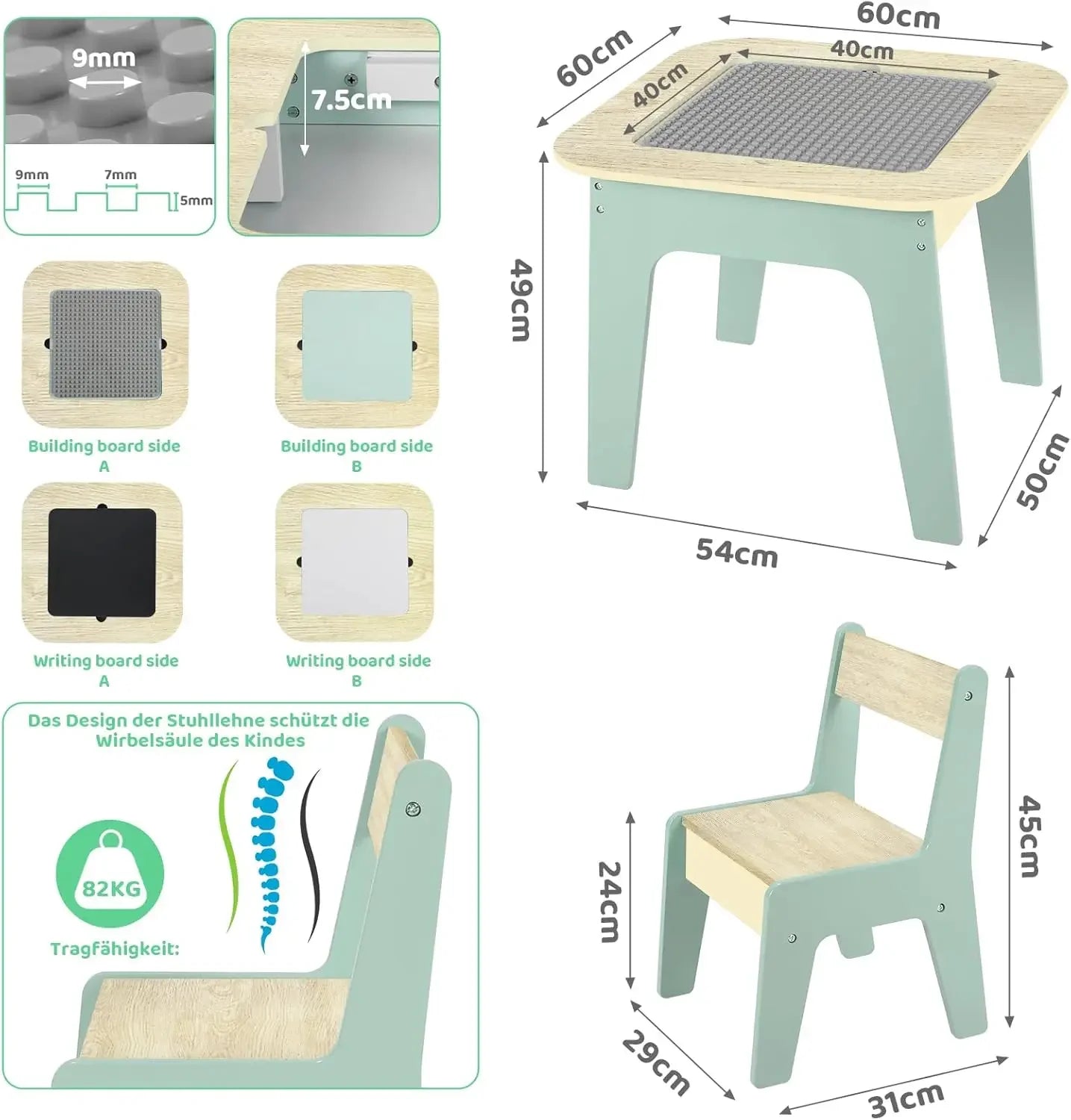 Wooden 2 in 1 Building Block Tabletop,Children's Activity Table and 2 Chairs with Storage for Arts, Crafts, Reading, Preschool