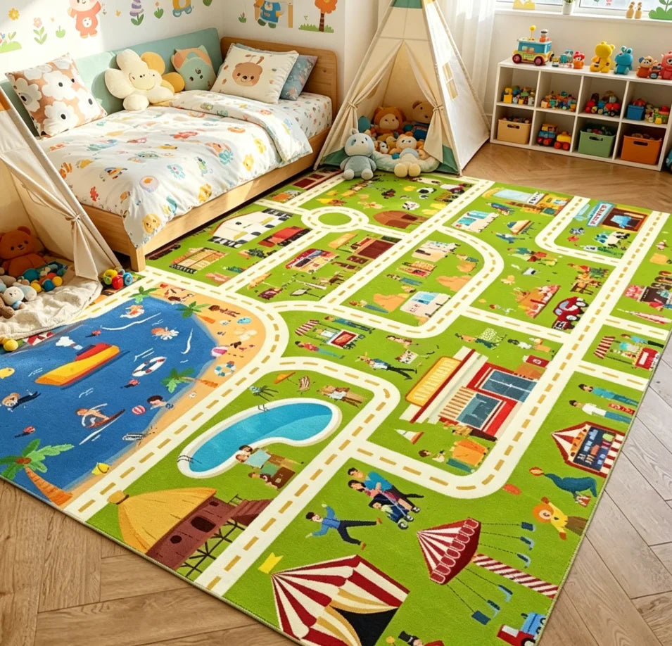 Car Play Mat for Boys and Girls Highway City Traffic-Themed RugsRugs for Playroom Non-Slip Kids Play Rug  for Kids Toy Cars Kids