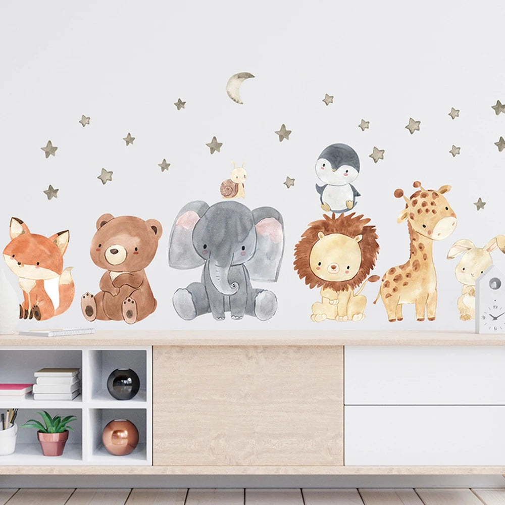 Watercolor Cartoon Cute Africa Animals Wall Stickers Elephant Giraffe Bear Fox Kids Room Wall Decals Decorative Sticker for Wall