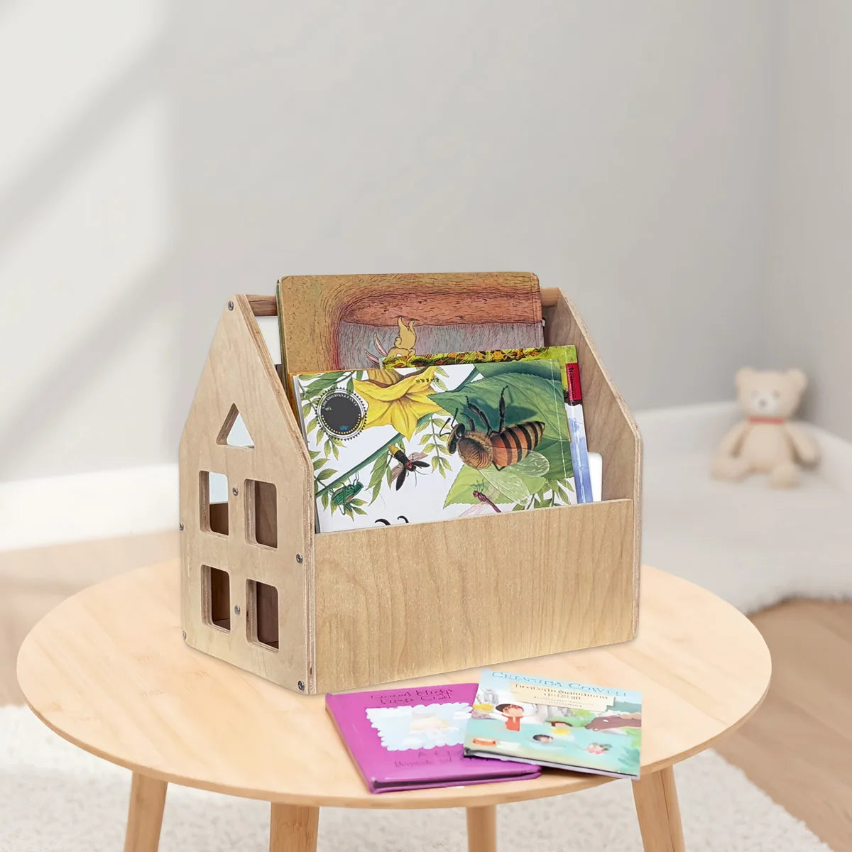 Toddler Bookshelf Double-Sided with 2 Tier Wooden Montessori Book Rack for Baby Nursery Room, Bedroom Bookcase Storage Organizer