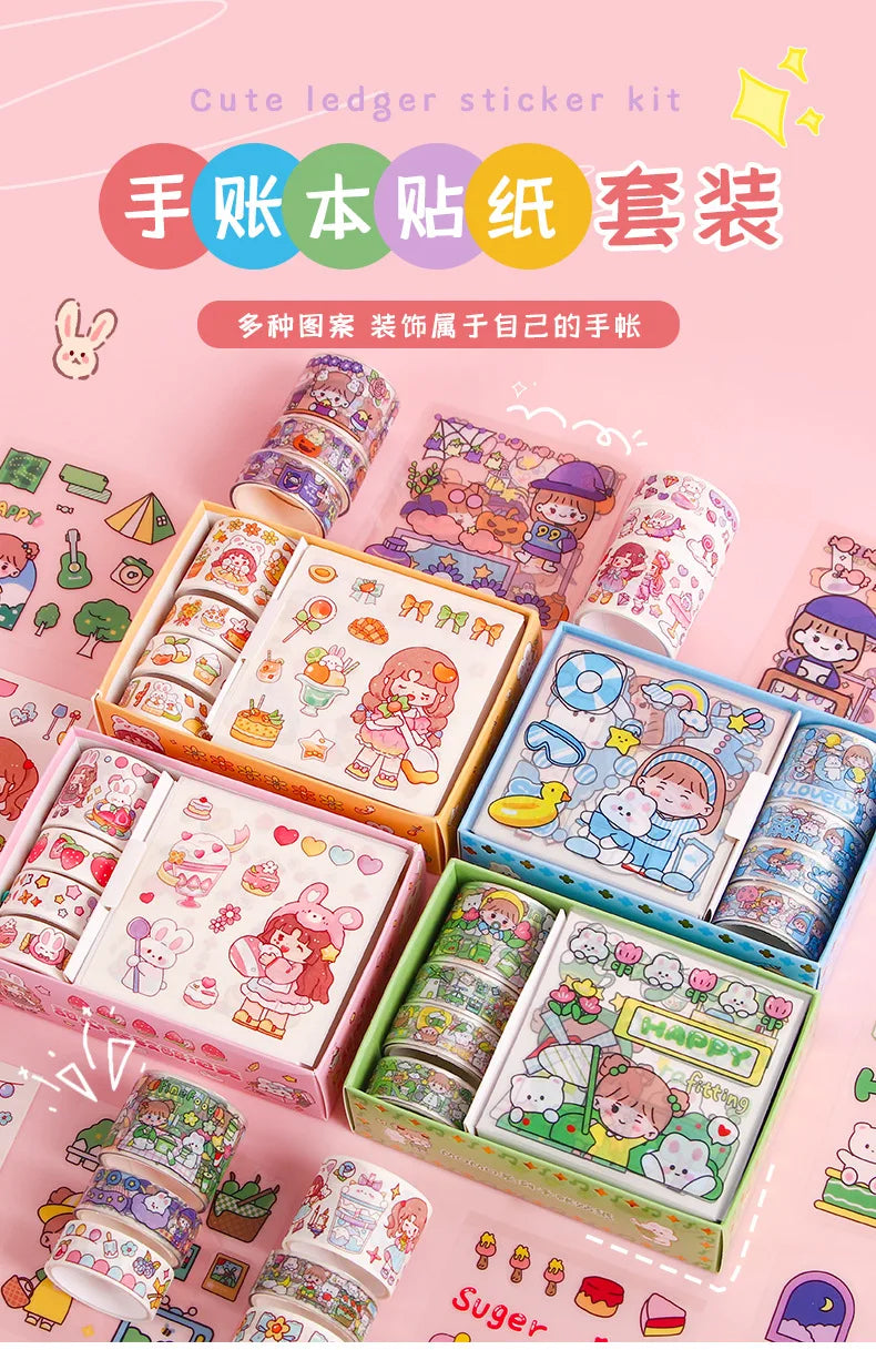 Kawaii Stationery Gift Set, PET Decorative Tape & Cute Stickers, DIY Journal Craft Supplies for Students & Scrapbook Lovers