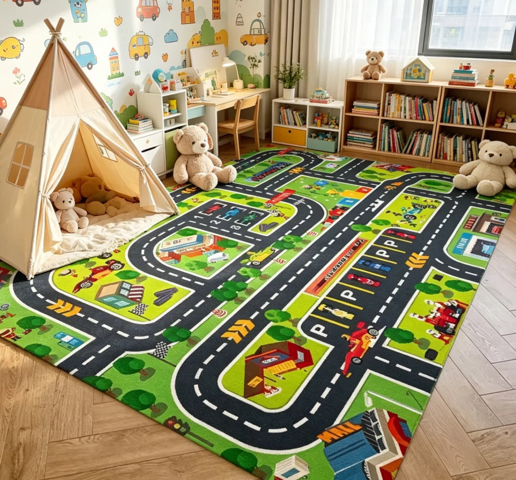 Car Play Mat for Boys and Girls Highway City Traffic-Themed RugsRugs for Playroom Non-Slip Kids Play Rug  for Kids Toy Cars Kids