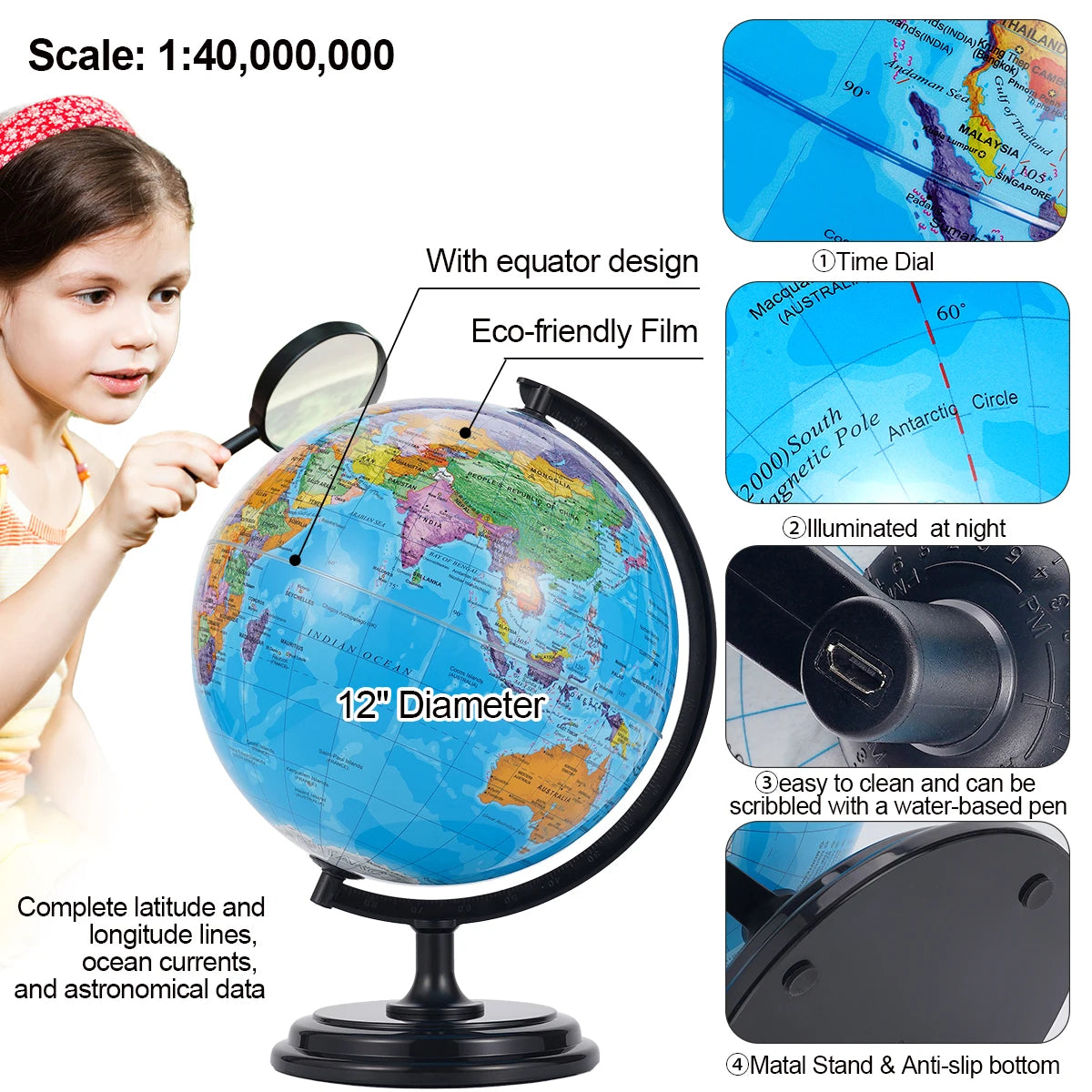 360° Rotating All-English World Globe Puzzle Educational Aid Tool Children's Geography Learning Toy Birthday Gift