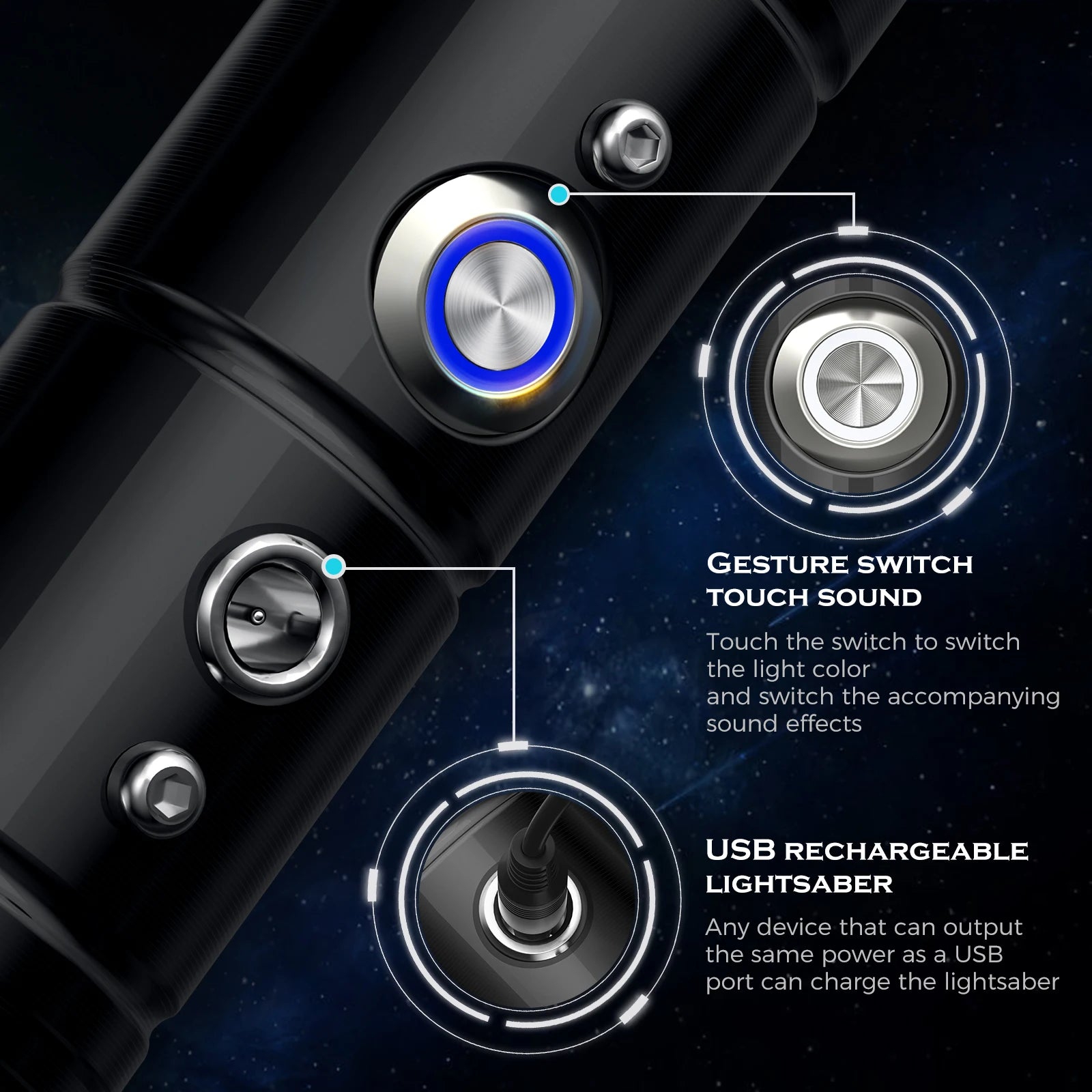 Lightsaber For Children Adults, USB Rechargeable Lightsabers With 7 Colours And Sound Effects, Sword With Black Metal Handle