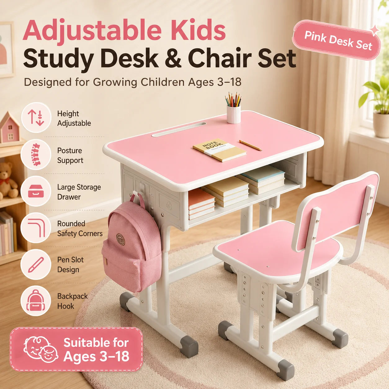 Height Adjustable Children Study Desk Chair Set Ergonomic Posture Kids Student Table Ages 3-18