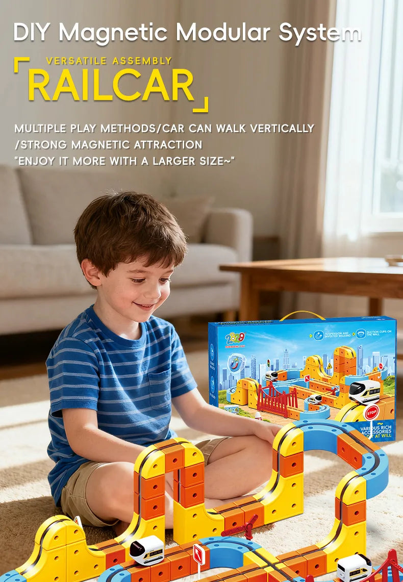 Magnetic Train Set DIY 3D Cube Track Electric Train Set for Kids Flexible Magnet Track Car Toy Stem Learning Building Cube Gift