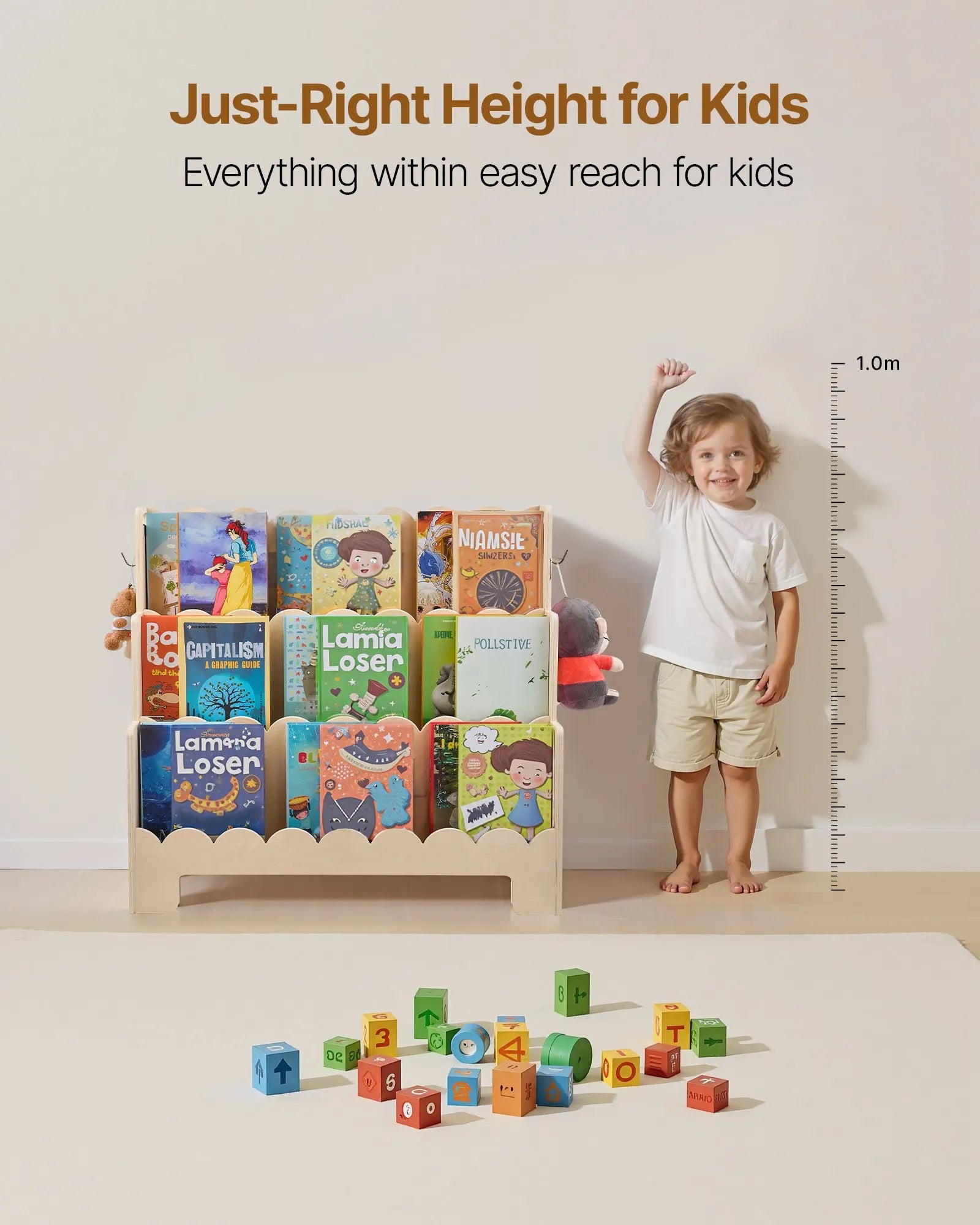 Montessori Children's Bookshelf - Three-tiered Bookshelf with Wave-shaped Sliding Grooves, Forward-leaning Bookshelf Frame Equipped with Double Hooks, Suitable for Baby Bookshelves, Children's Rooms, Preschools and Kindergart