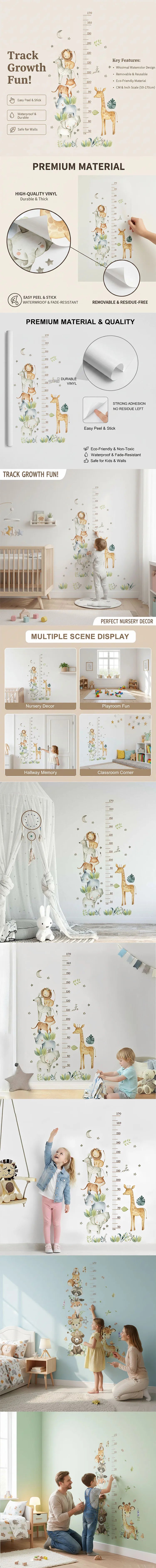 Cartoon Animal Height Ruler Kid's Bedroom Self Adhesive Wallpaper Waterproof Removable PVC Bedroom wall Decoration QBTZ03