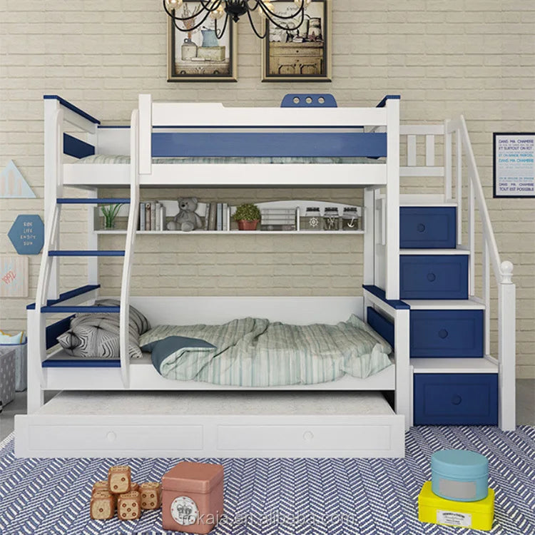 Kids Bedroom Furniture Wooden Bunk Bed Multifunctional Combination Children Beds Blue White Slide Bed for Boy