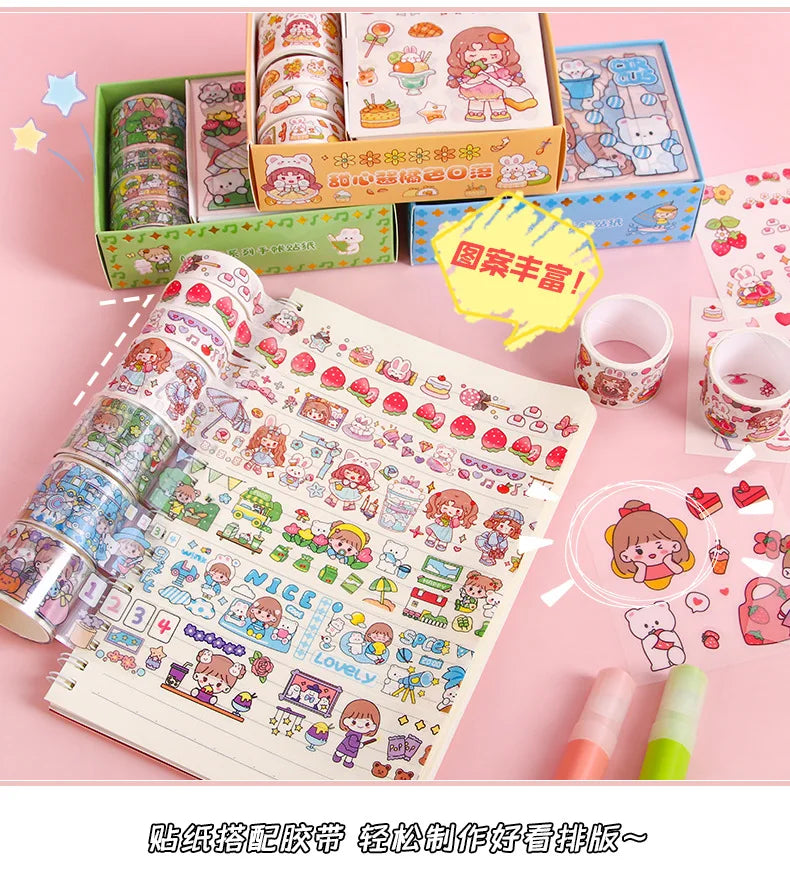 Kawaii Stationery Gift Set, PET Decorative Tape & Cute Stickers, DIY Journal Craft Supplies for Students & Scrapbook Lovers