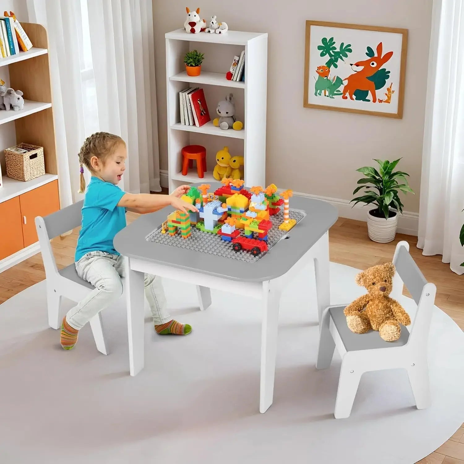 Wooden 2 in 1 Building Block Tabletop,Children's Activity Table and 2 Chairs with Storage for Arts, Crafts, Reading, Preschool