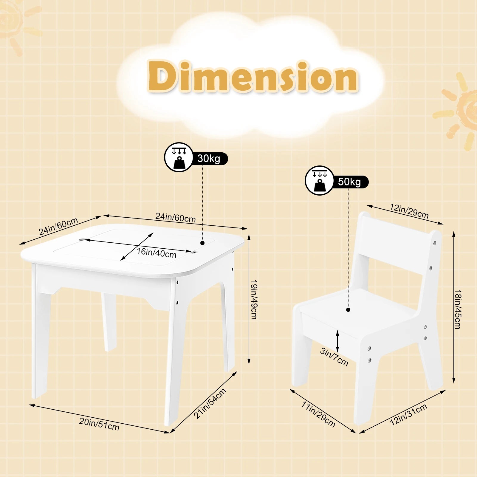 WOLTU White Children's Table with 2 Chairs Storage Space Writing Desk Double-Sided Table Top for Kids Study Learning Reading