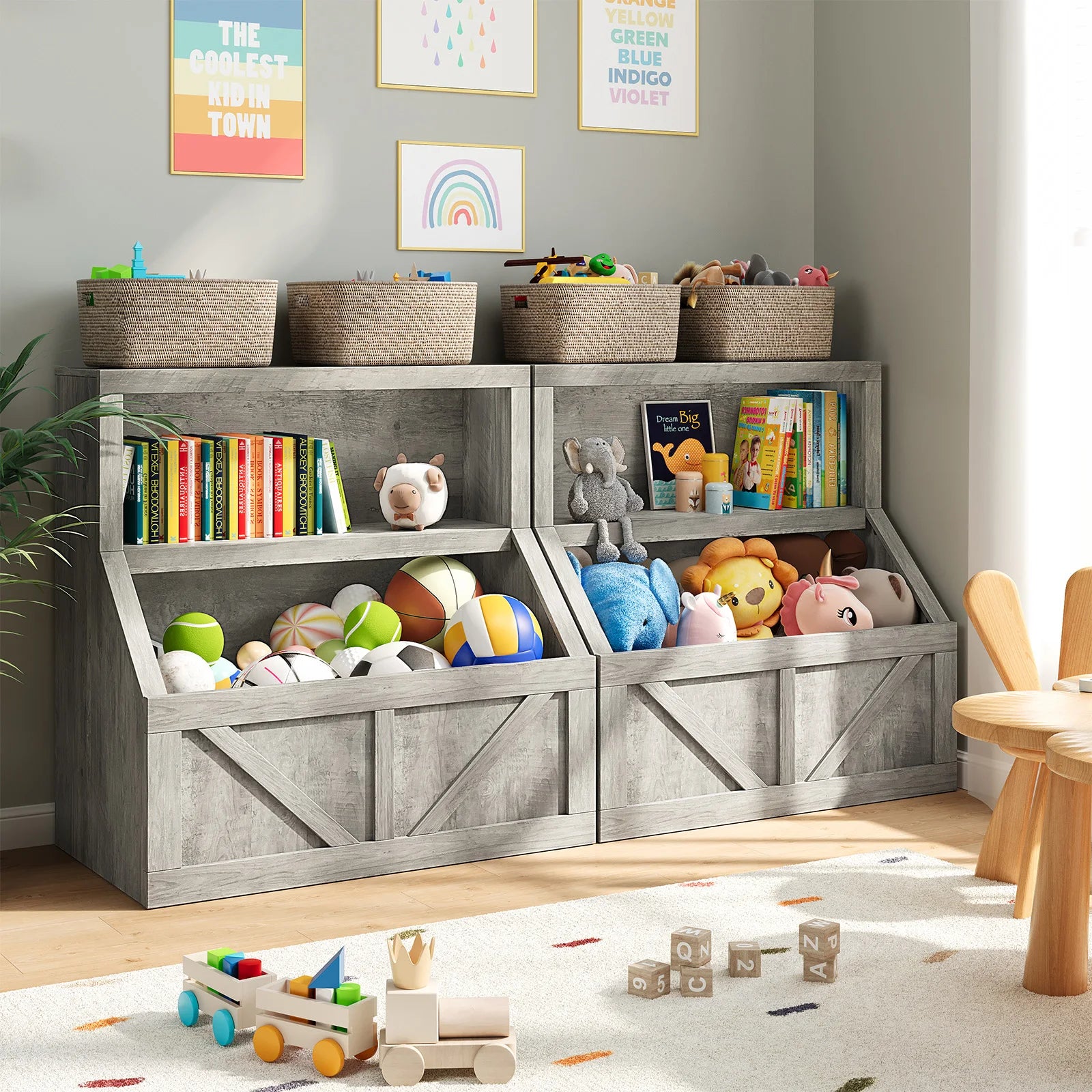 Kids Bookshelf & Toy Storage Cabinet - 2-Tier Wooden Toddler Bookcase with Large Cubbies and 2 Shelves, Space-Saving Book Organizer for Playroom, Bedroom, Nursery, Study area or Daycare