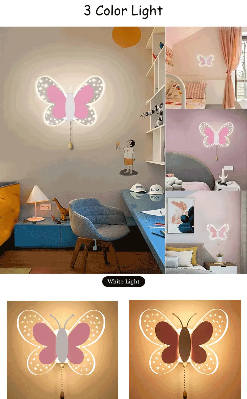 Butterfly LED Wall Lamp Tricolor Adjustment Pull Switch Children Room Wall Light Creative Living Room Bedside Home Ddecor Lamps