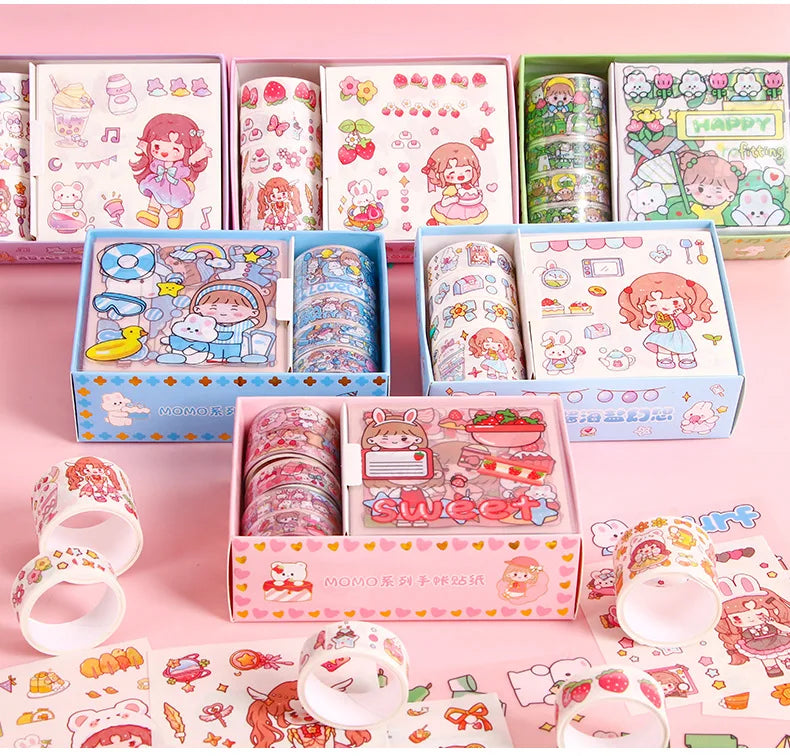 Kawaii Stationery Gift Set, PET Decorative Tape & Cute Stickers, DIY Journal Craft Supplies for Students & Scrapbook Lovers