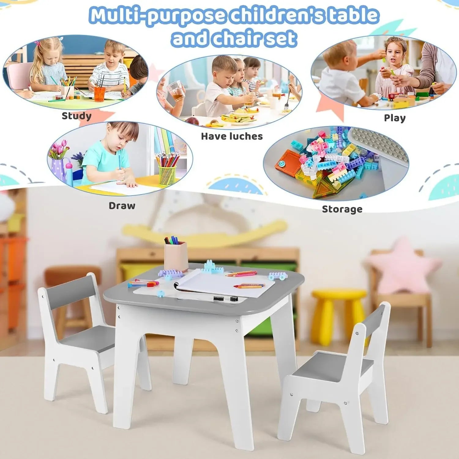 Wooden 2 in 1 Building Block Tabletop,Children's Activity Table and 2 Chairs with Storage for Arts, Crafts, Reading, Preschool