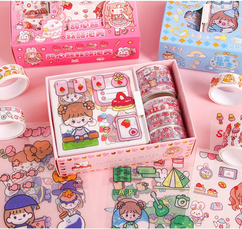 Kawaii Stationery Gift Set, PET Decorative Tape & Cute Stickers, DIY Journal Craft Supplies for Students & Scrapbook Lovers