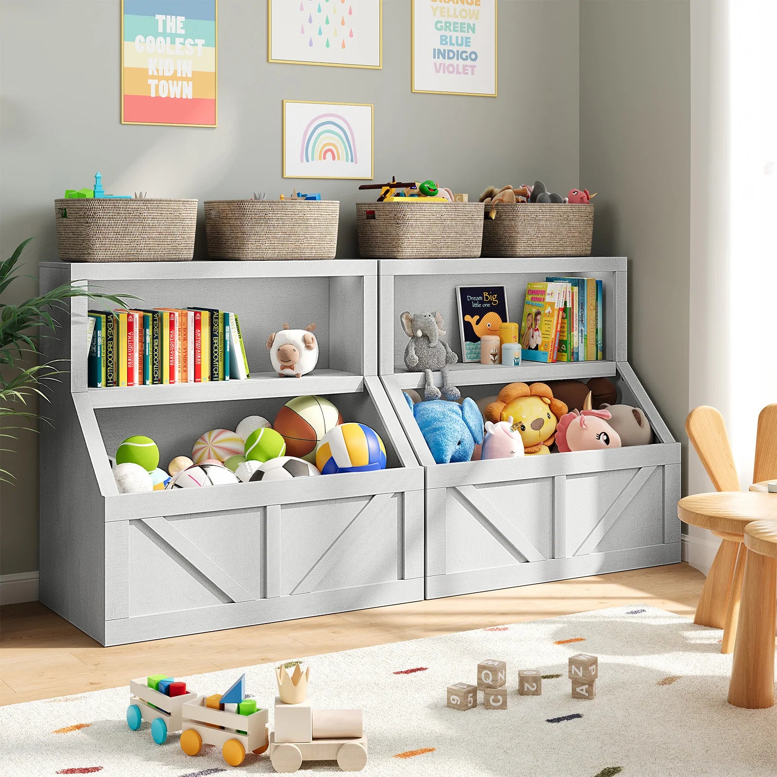 Kids Bookshelf & Toy Storage Cabinet - 2-Tier Wooden Toddler Bookcase with Large Cubbies and 2 Shelves, Space-Saving Book Organizer for Playroom, Bedroom, Nursery, Study area or Daycare