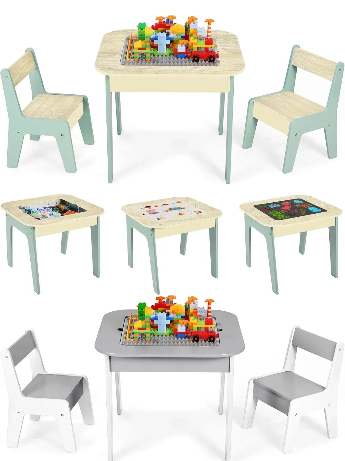 Wooden 2 in 1 Building Block Tabletop,Children's Activity Table and 2 Chairs with Storage for Arts, Crafts, Reading, Preschool