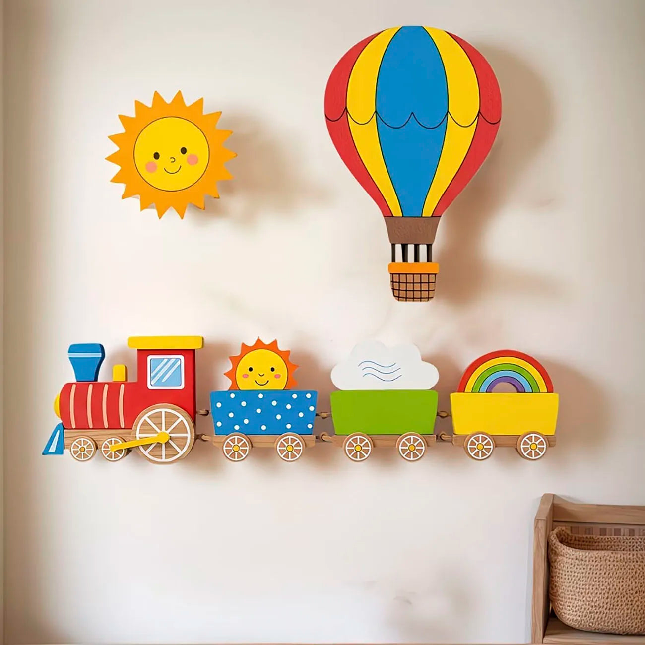 6Pcs Wooden Kids Wall Decor Set, Train & Hot Air Balloon Wall Art for Nursery